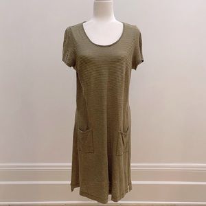 EILEEN FISHER MIDI T-Shirt Dress Khaki Stripes PM
